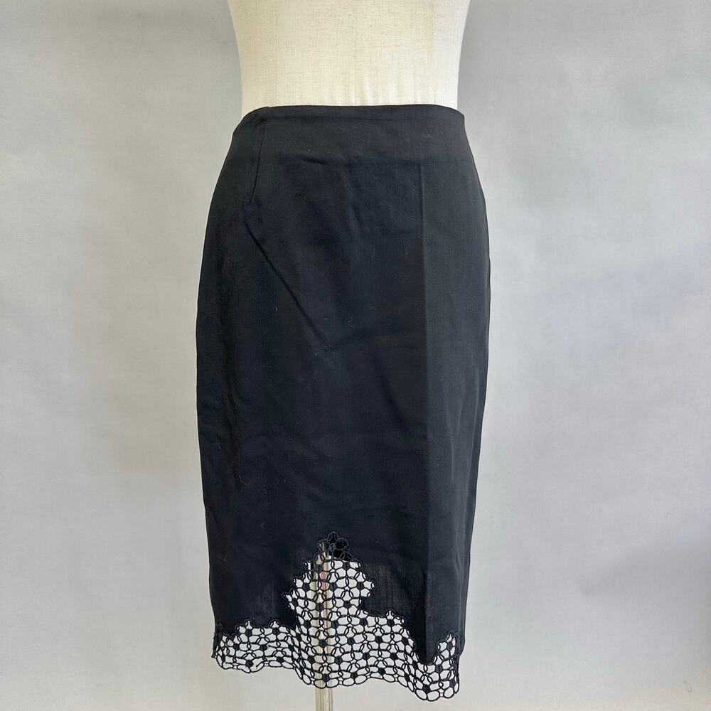 Vintage 90s Armani Collezioni Black Wool Pencil Skirt Embroidered lace Size 8